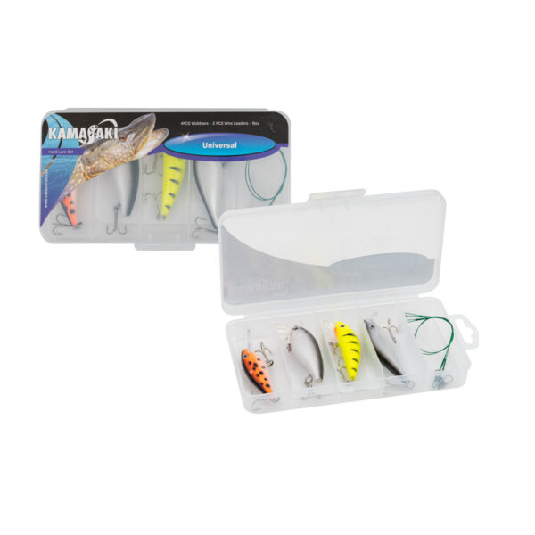 SET SEÑUELOS UNIVERSAL WOBBLER (4 WOBBLERS+2 CABLES+CAÑA )